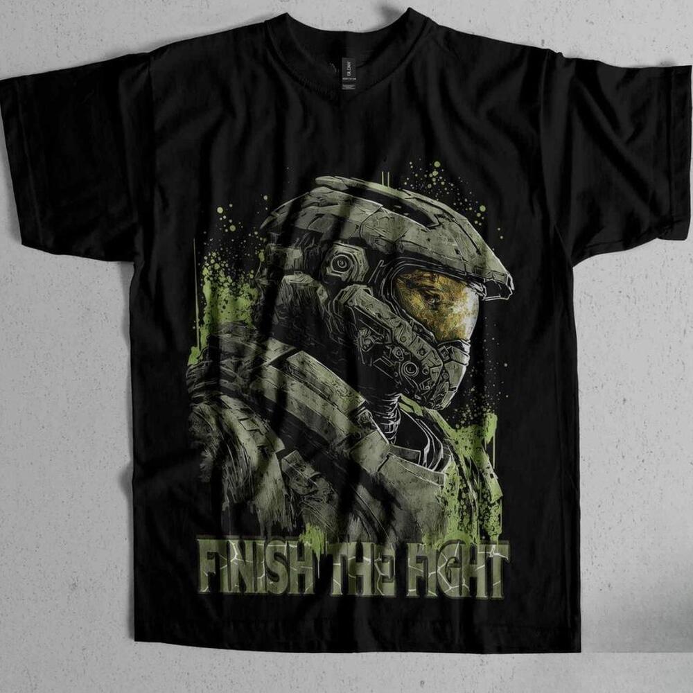 Halo Master Chief Finish The Fight Black And Green Cotton T Shirt
